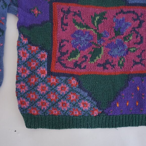 Vintage Woolrich Purple Green Floral Knit Cotton Blend Crewneck Sweater L - Picture 7 of 10